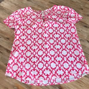 Pink and white patterned blouse, size large.